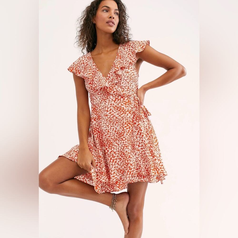 Free People French Quarter Wrap Mini Geometric Dress Women’s size Small Orange